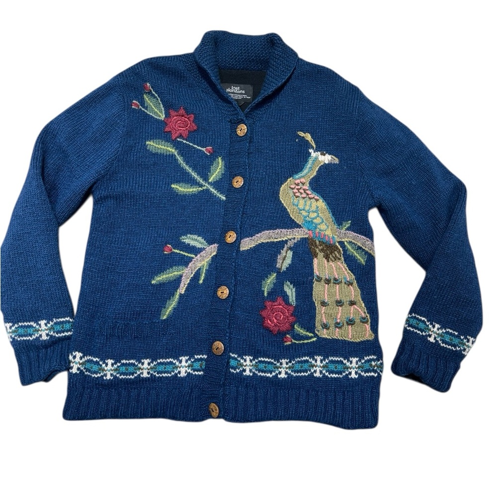 Lost Horizons Wool Peacock Handcrafted Cardigan Jacket Women L Fleece Lined Boho